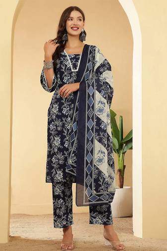 Navy blue floral printed cotton kurta set for women