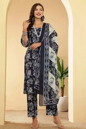 Navy blue floral printed pure cotton kurta set for women