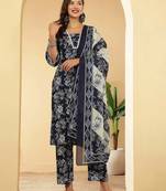 Navy blue floral printed pure cotton kurta set for women