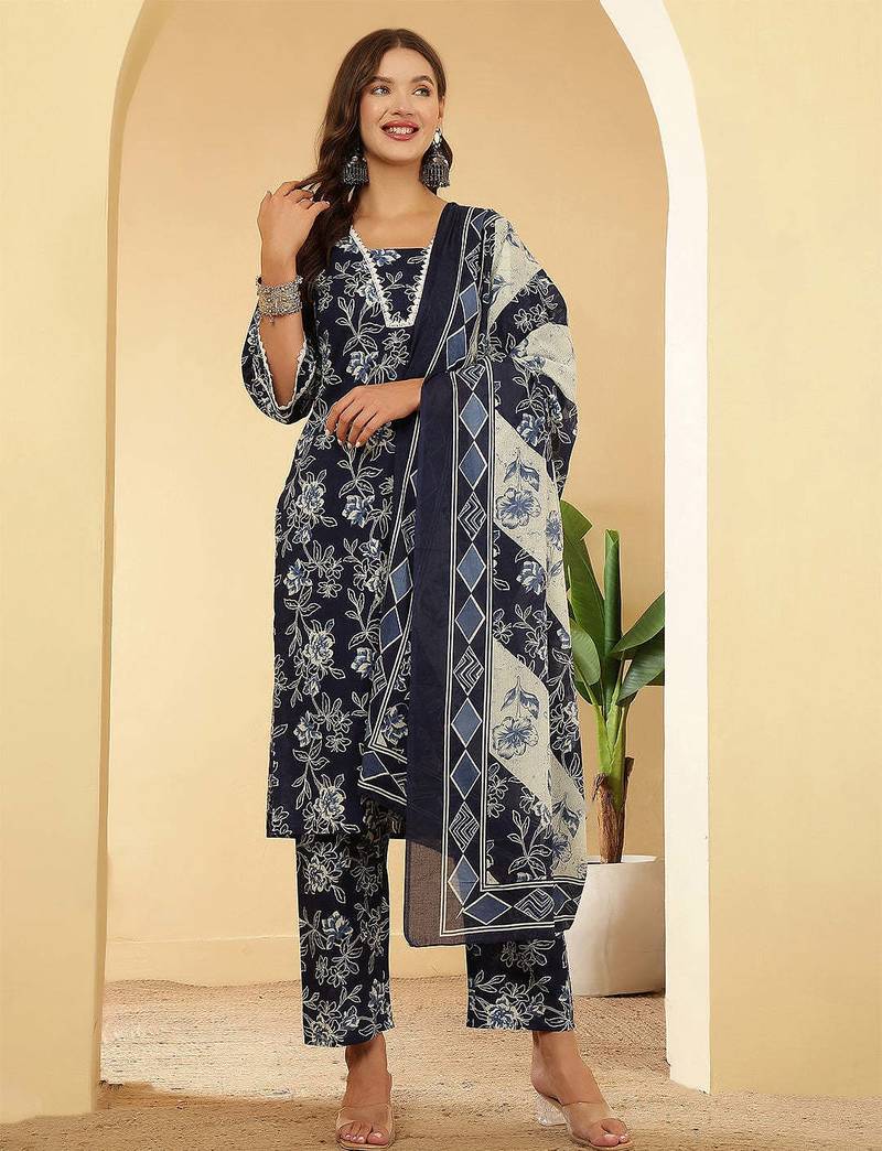 Navy blue floral printed pure cotton kurta set for women