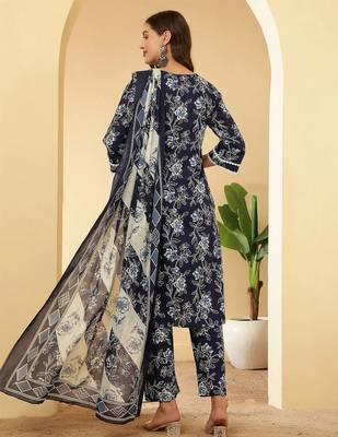 Navy blue floral printed pure cotton kurta set for women 2