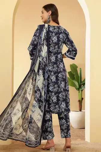 Navy blue floral printed pure cotton kurta set for women