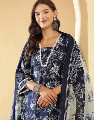 Navy blue floral printed pure cotton kurta set for women 3