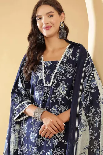 Navy blue floral printed pure cotton kurta set for women