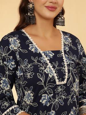 Navy blue floral printed pure cotton kurta set for women 4