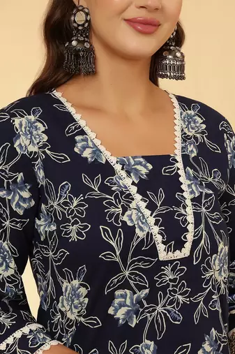 Navy blue floral printed pure cotton kurta set for women