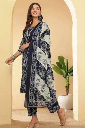 Navy blue floral printed pure cotton kurta set for women