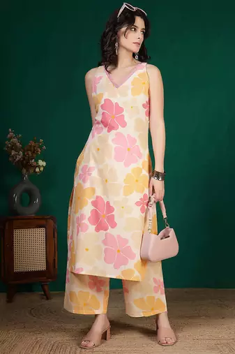 Multicolor floral printed cotton kurta set for women