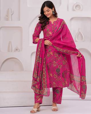 Pink floral printed pure cotton kurta set for women 1