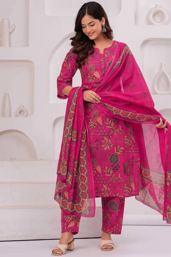 Pink floral printed cotton kurta set for women