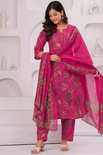 Pink floral printed pure cotton kurta set for women