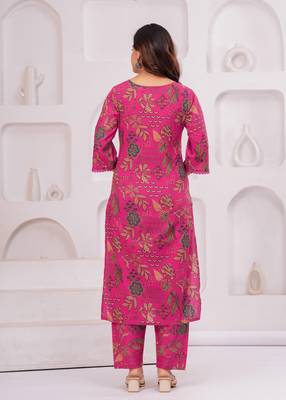 Pink floral printed pure cotton kurta set for women 2