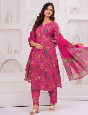 Pink floral printed pure cotton kurta set for women 3