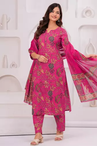 Pink floral printed pure cotton kurta set for women