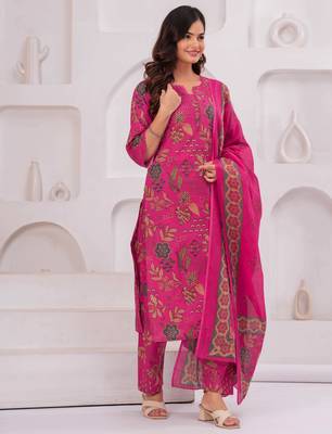 Pink floral printed pure cotton kurta set for women 4