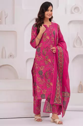 Pink floral printed pure cotton kurta set for women