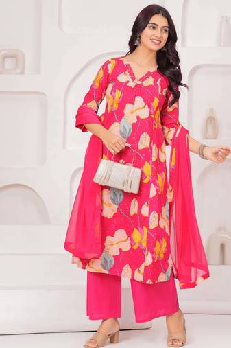 Pink floral printed cotton kurta set for women
