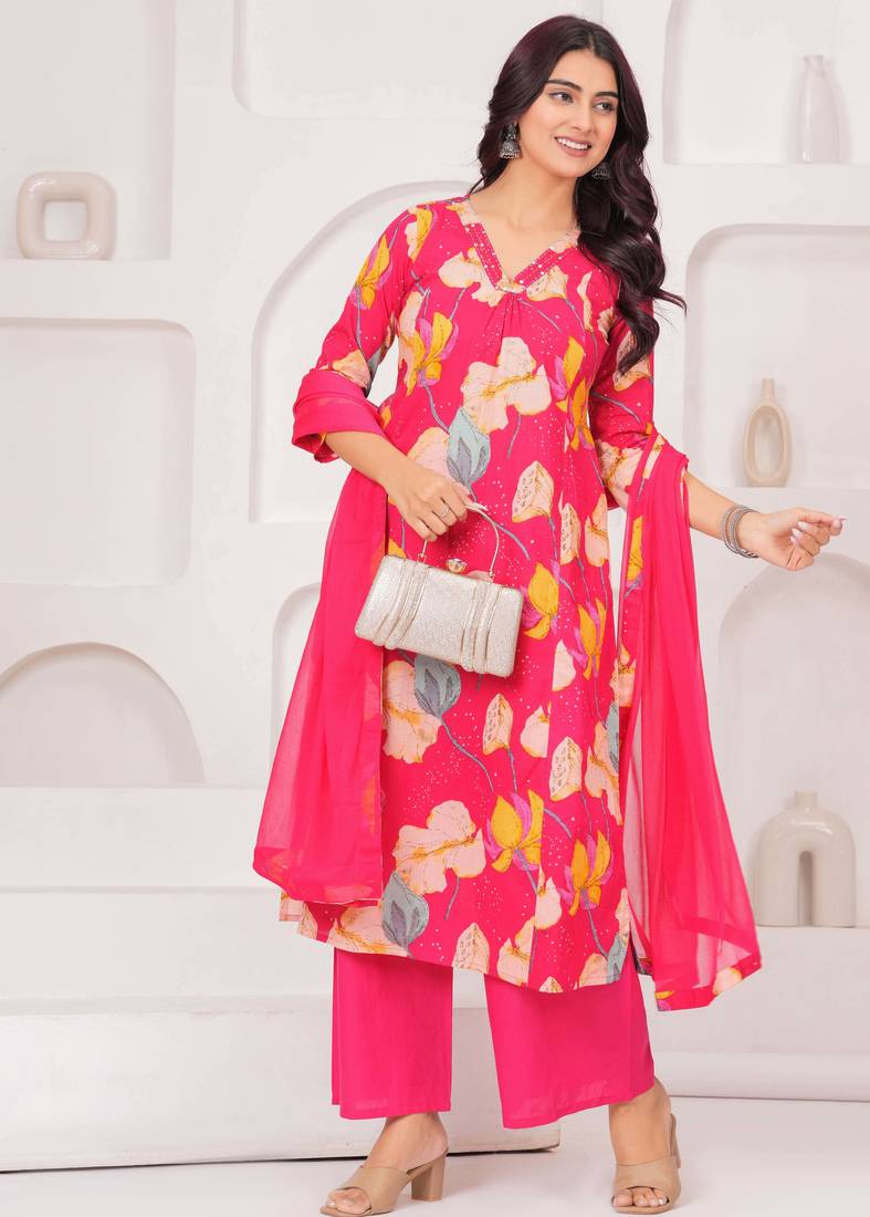 Pink floral printed pure cotton kurta set for women