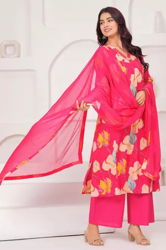 Pink floral printed pure cotton kurta set for women