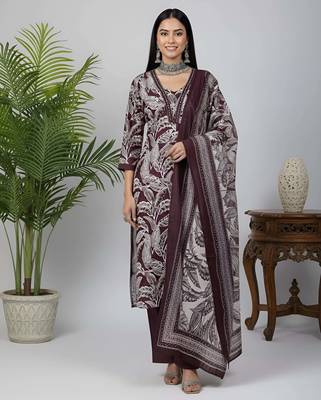 Burgundy floral printed pure cotton kurta set for women 1