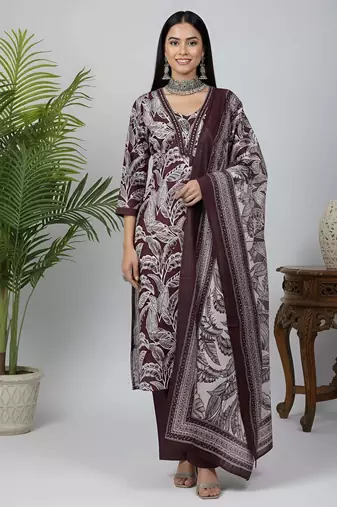 Burgundy floral printed pure cotton kurta set for women