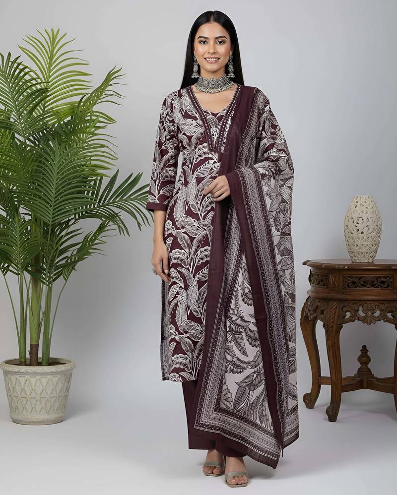 Burgundy floral printed pure cotton kurta set for women