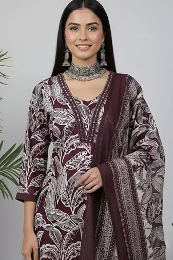 Burgundy floral printed pure cotton kurta set for women