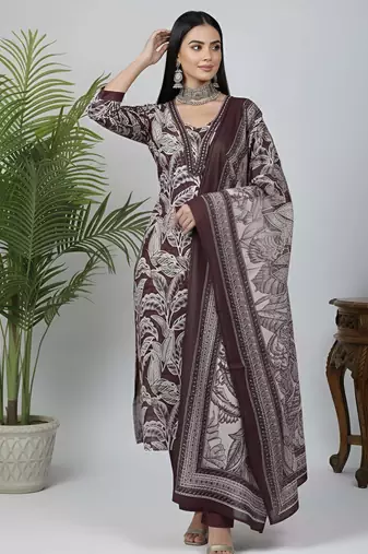 Burgundy floral printed pure cotton kurta set for women