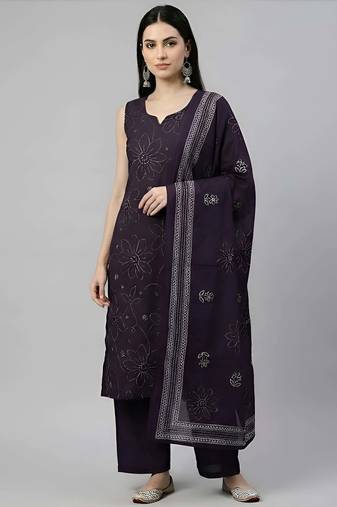 Purple floral printed cotton kurta set for women