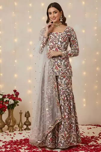 Off white floral printed cotton kurta set for women