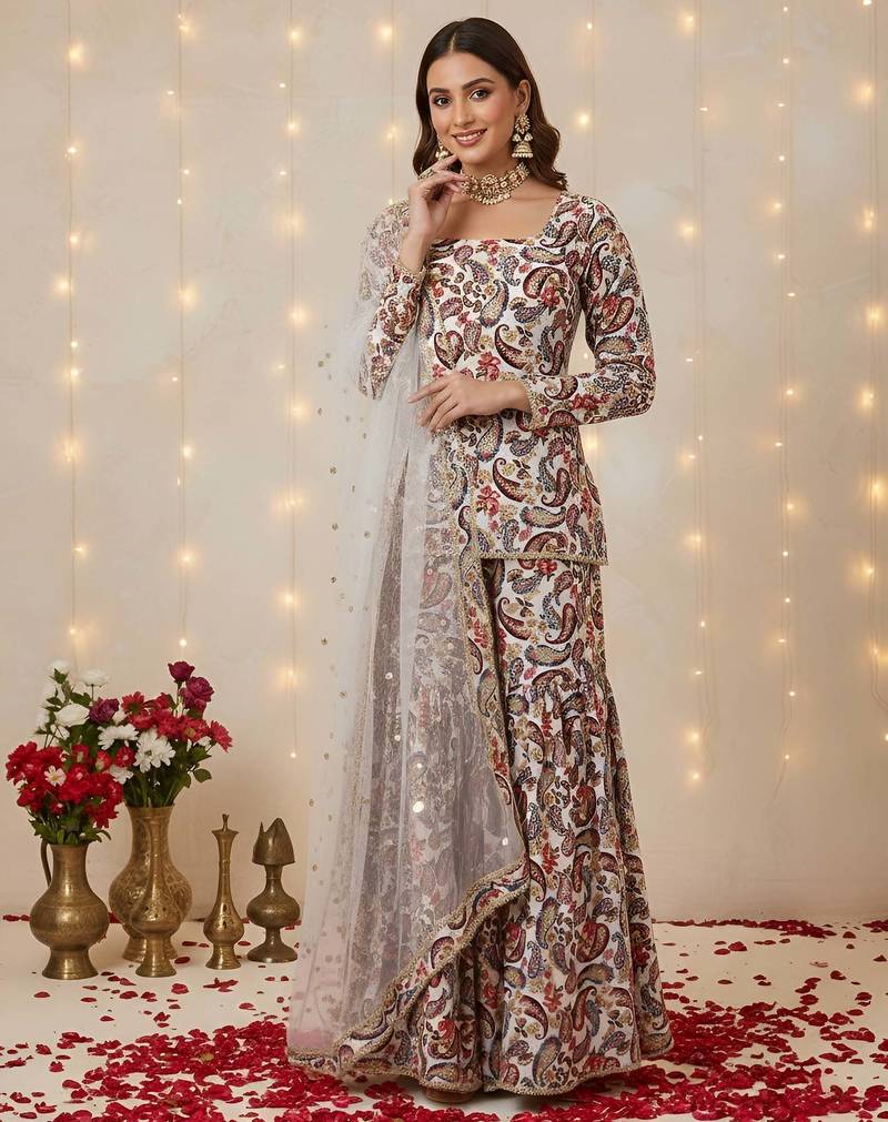 Off white floral printed pure cotton kurta set for women