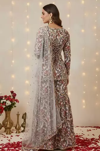 Off white floral printed cotton kurta set for women