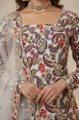 Off white floral printed cotton kurta set for women