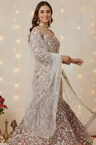 Off white floral printed cotton kurta set for women