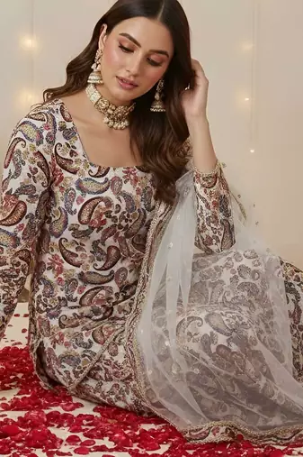 Off white floral printed cotton kurta set for women