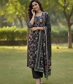Black floral printed pure cotton kurta set for women