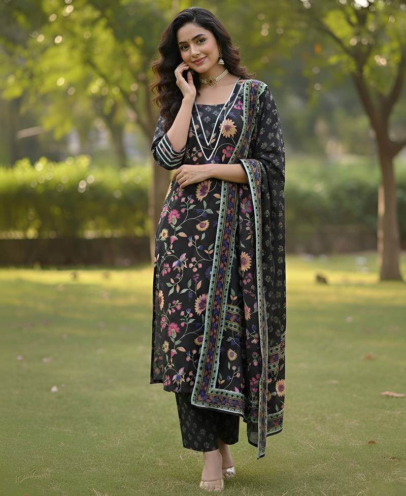 Black floral printed pure cotton kurta set for women