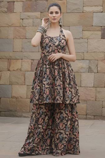 Black floral printed viscose rayon kurta set for women