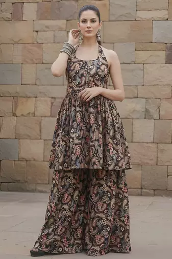 Black floral printed viscose rayon kurta set for women