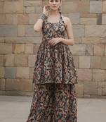 Black floral printed viscose rayon kurta set for women