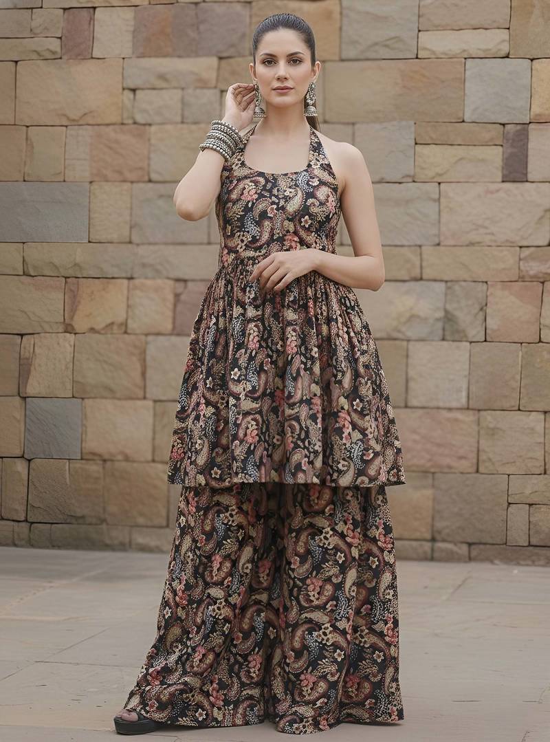 Black floral printed viscose rayon kurta set for women