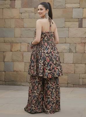 Black floral printed viscose rayon kurta set for women 2