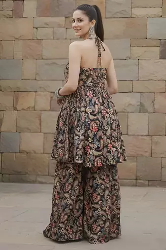 Black floral printed viscose rayon kurta set for women