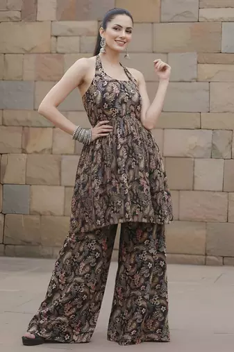 Black floral printed viscose rayon kurta set for women