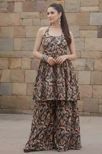 Black floral printed viscose rayon kurta set for women