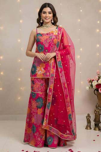 Pink floral printed cotton kurta set for women
