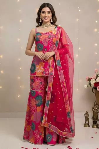 Pink floral printed cotton kurta set for women