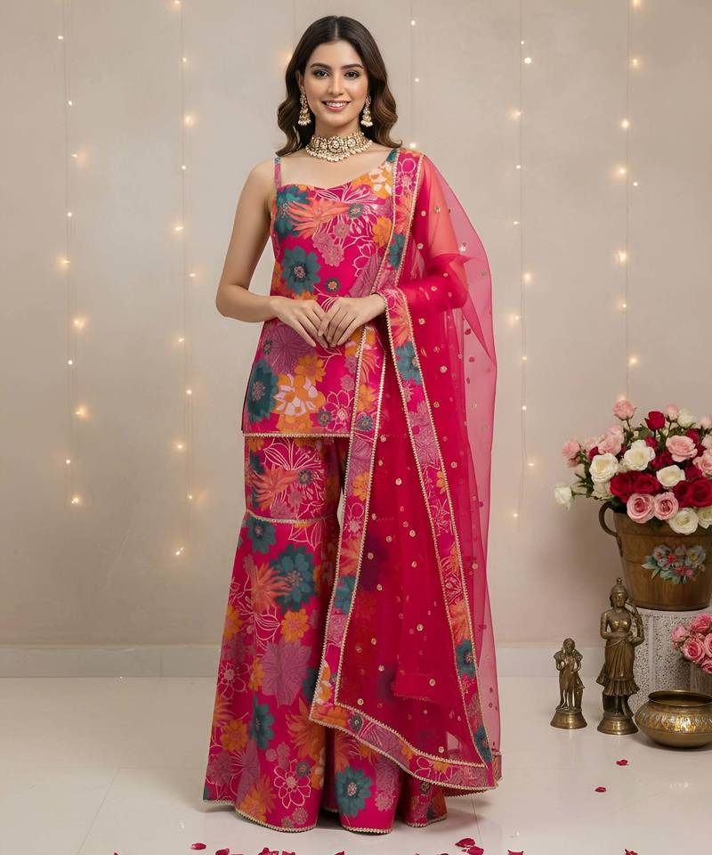 Pink floral printed pure cotton kurta set for women