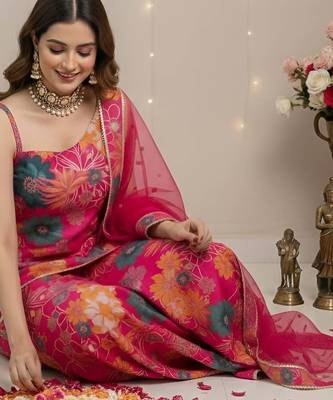 Pink floral printed pure cotton kurta set for women 2