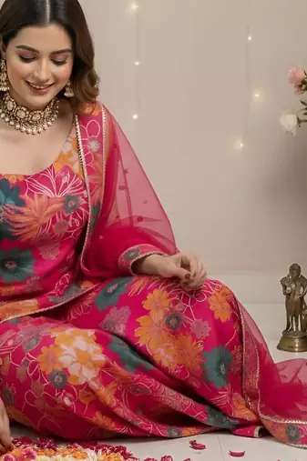 Pink floral printed cotton kurta set for women